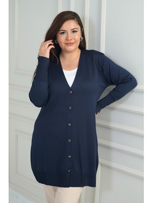 By Saygı Kadın Kolları Düğme Detaylı Soğuk Iplik Büyük Beden Uzun Hırka