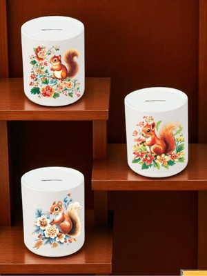 Lili Hediyelik Sincap ve Çiçek Deseni Baskılı 3'lü Seramik Kumbara