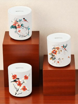 Lili Hediyelik Kuş ve Çiçek Deseni Baskılı 3'lü Seramik Kumbara