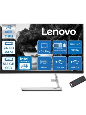 Lenovo Ideacentre Aıo 3 24IAP7 Intel Core I5 12450H 24GB 512GB SSD Freedos 23.8" Fhd (1920X1080) IPS 250NITS All In One Bilgisayar Beyaz F0GH01GDTRF07+ZETTAUSBBELLEK