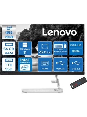 Lenovo Ideacentre Aıo 3 24IAP7 Intel Core I5 12450H 64GB 1tb SSD WIN11PRO 23.8" Fhd (1920X1080) IPS 250NITS All In One Bilgisayar Beyaz F0GH01GDTRP28+ZETTAUSBBELLEK
