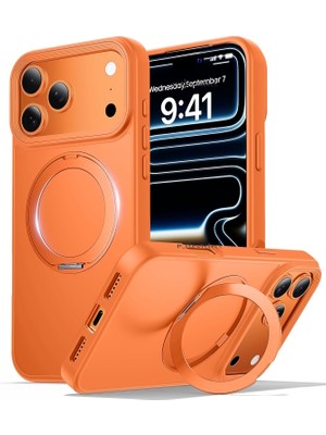 M.TK Moveteck Apple iPhone 17 Pro Max Kılıf Magsafe 360 Dönebilen Yüzüklü Standlı Silikon Turuncu