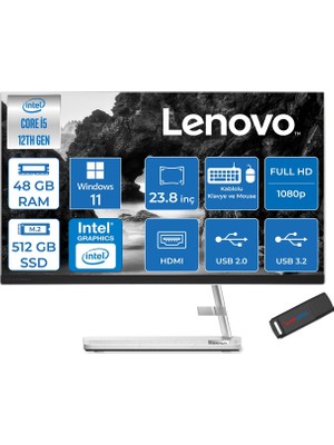 Lenovo Ideacentre Aıo 3 24IAP7 Intel Core I5 12450H 48GB 512GB SSD WIN11HOME 23.8" Fhd (1920X1080) IPS 250NITS All In One Bilgisayar Beyaz F0GH01GDTRH22+ZETTAUSBBELLEK