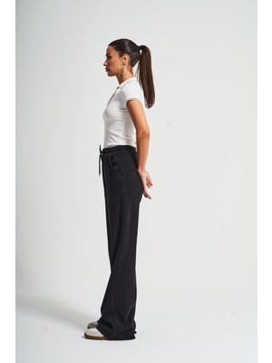 Itsbasic Kadın Siyah Renk 1W41 Ince Fitilli Örme Esnek Kadife Kumaş Pantolon