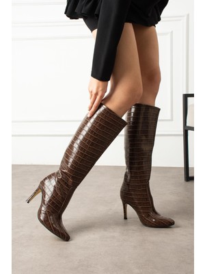 Shoetek Liliana Kadın Çizme Ince Topuklu Kroko Desenli Kahverengi Deri