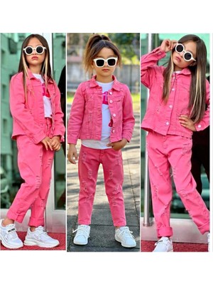 Burçak Butik Kız Çocuk Kot Ceket Kot Pantolon Baskılı Tişört 3'lü Kombin