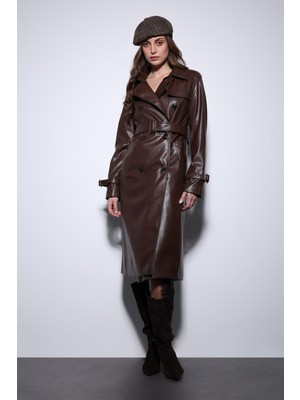 Antioch Kahve Kadın Suni Deri Kemerli Trençkot