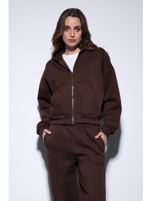 Antioch Kahve Fermuarlı Kapüşonlu Kadın Sweatshirt