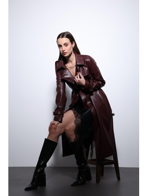 Antioch Bordo Kadın Suni Deri Kemerli Trençkot