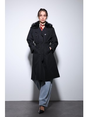 Antioch Siyah Suni Kürklü Yaka Kadın Trençkot
