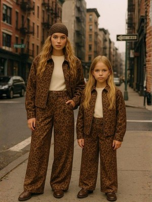 Zekids Kız Çocuk Leopar Desenli Süet Geniş Paça Tasarım Pantolon