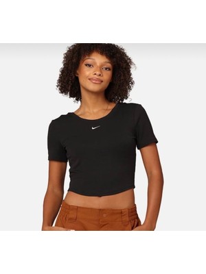 Nike Sportswear Chill Knit Sıkı Kesimli Yuvarlak Sırtlı Kısa Kollu Mini Fitilli Siyah Kadın T-Shirt