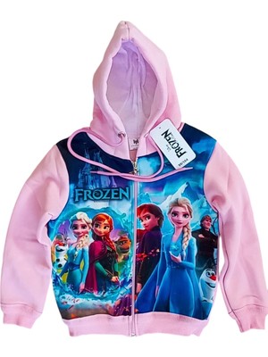 Frozen 3D Baskılı Kız Çocuk Uzun Kollu Sweat Shirt 3 - 8 Yaş Pembe