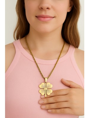 Pirlento Altın Renk Uzun Burgu Halat Zincir Yonca Kolye