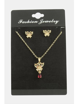 Zero Sepetim Kelebek Zirkon Taşlı Set Kolye-Kırmızı