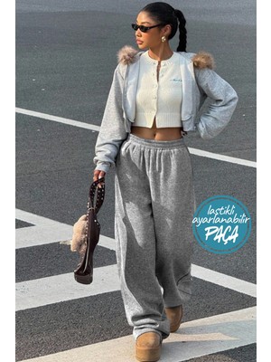 BSBSPOR Gri Bol Kesim Kadın Erkek Ayarlanabilir Paçalı Baggy Eşofman Altı Yeni Sezon Örme