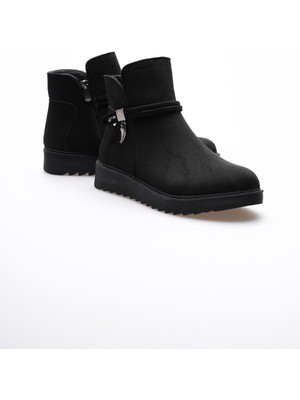 Mubiano Kadın Süet Bot Fermuarlı Platin Detaylı Siyah Solvia