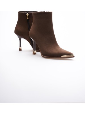 Mubiano Kadın Süet Bot Yüksek Topuklu Fermuarlı Gold Detaylı Kahve Selora