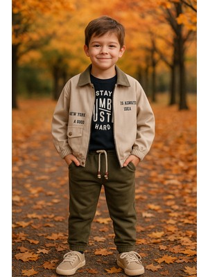 tinytrends Erkek Çocuk Gabardin Ceket ve Jogger Pantolon 3'lü Takım Elbise