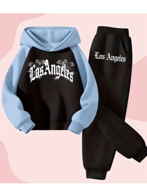 Kids Face Özel Tasarım Kapüşonlu Los Angeles Baskılı 3 Iplik Kışlık Modern Kız Çocuk Eşofman Takımı