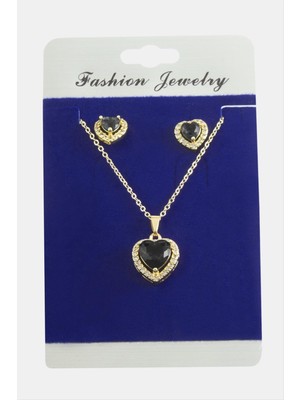 Zero Sepetim Kalp Zirkon Taşlı Set Kolye-Siyah