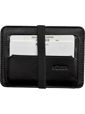 Lastikli Iki Katlı Mini Boy Ince Slim Basic Model Hakiki Deri Kredi Kartlık Siyah