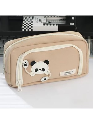 Panda Kawaii Bej Renk Çok Bölmeli Büyük Boy Kapasite Kalemlik Kalem Kutu Makyaj Çantası