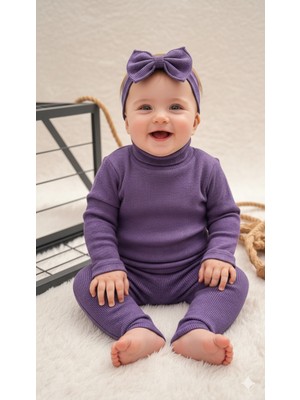 Bahnur Bebek Çocuk Alt Üst Kreş Takım Fitilli Ribana Tayt  Bluz Bandana Seti