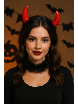Toyfest Kırmızı Şeytan Parlak Peluş Boynuzlu Tüy Detaylı Taç – Cadılar Bayramı Kostüm Aksesuarı