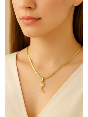 Pirlento Altın Renk Lale Figürlü Zirkon Taşlı Italyan Zincir Kadın Çelik Kolye