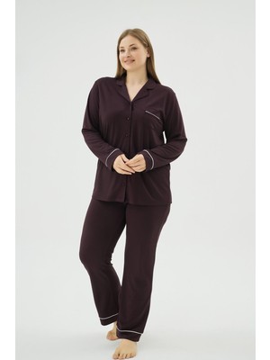 Sevim Kadın Büyük Beden Koyu Mor Düğmeli Uzun Kollu Gömlek Yaka Pijama Takımı C4T3N171