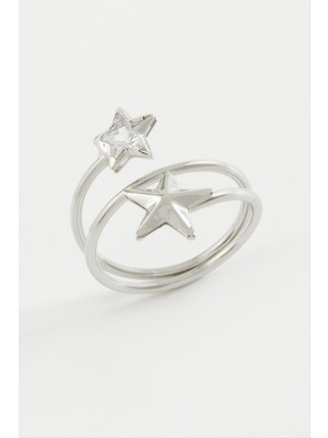 Zero Ds-Derin Kalp Yıldız Zirkon Taşlı Yüzük-Gümüş Rengi