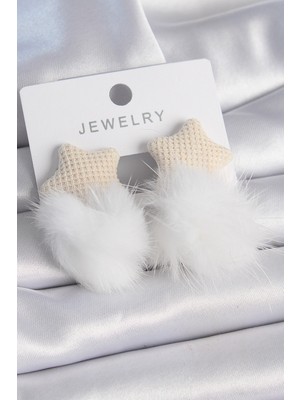 P Parla Beyaz Renk Tüylü Yıldız Ponpon Model Kadın Küpe - Lisinya