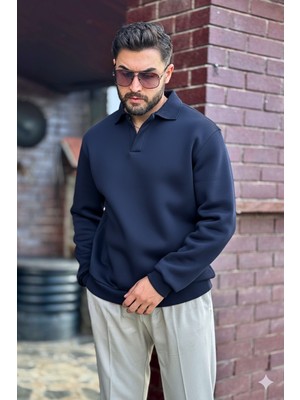 Guaraz Erkek Lacivert Polo Yakalı Pamuklu Yumuşak Kalın Kumaşlı Oversize Sweatshirt