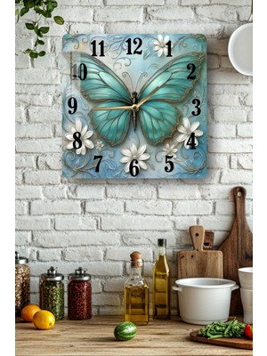 KutuTR Mavi Kelebek Temalı Temperli Cam Kare Saat 33X33 cm Ebadında Uv Baskı - KCS004