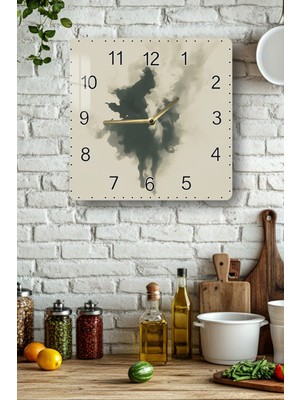 KutuTR Soyut Bulut Desenli Minimal Temperli Cam Kare Saat 33X33 cm Ebadında Uv Baskı - KCS056