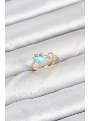 P Parla Pirinç Gold Renk Mavi Yıldızlı Model Kadın Yüzük - Lisinya