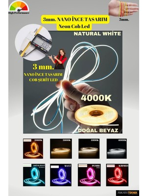 3mm Nano Ince Neon Cob Şerit Led, 5 Metre Rulo, 384 LED Bright Chip, Ekru Renk