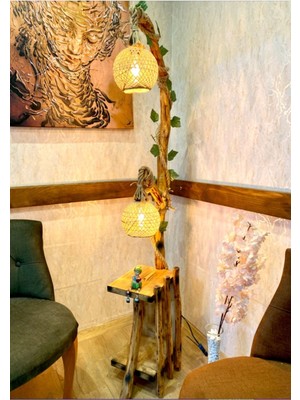 Doğal Ahşap Ağaç Lambader, 165-170 Cm, Iki Lambalı, Köşe Aydınlatma, Kitaplık Tasarımı