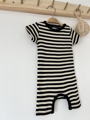 Key Kids Siyah Krem Çizgili Fitilli Organik Modal Romper  %100 Pamuk