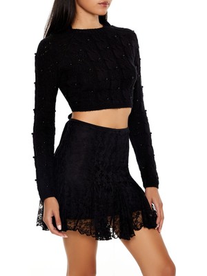 F21 Boncuk Detaylı Crop Kazak