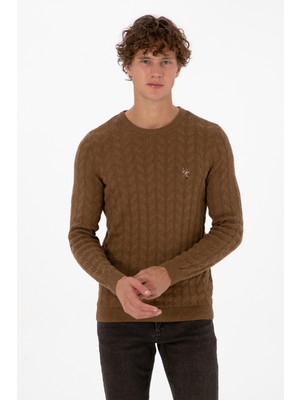 U.S. Polo Assn. Erkek Slim Fit Bisiklet Yaka Desenli Haki Melanj Kazak 50307836-VR125
