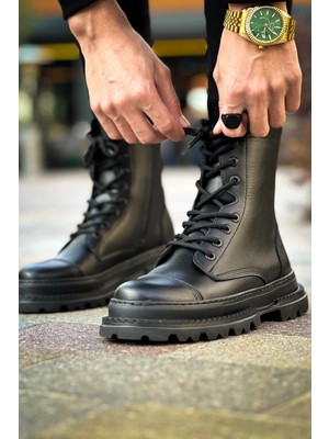 Deridün Yıldız Shoes MN229 Erkek Bot Sıyah %100 Vegan Malzeme Bağcıklı Platform Topuk