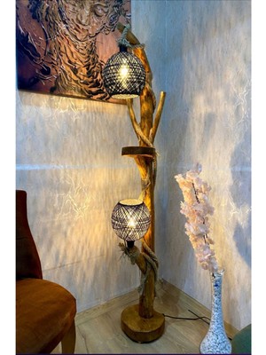 Kahverengi Ağaç Lambader, 145-150 Cm, Şık ve Doğal Aydınlatma, Modern Tasarım