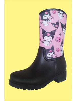 Sea & Blue Shoes Kuromi Baskılı Su Geçirmeyen Pembe Siyah Kız Çocuk Yağmur Çizmesi Kısa Topuklu