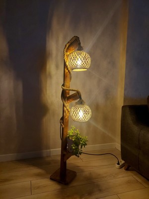 Kahverengi Ahşap Ağaç Lambader Çift Küre Köşe Aydınlatma Abajur