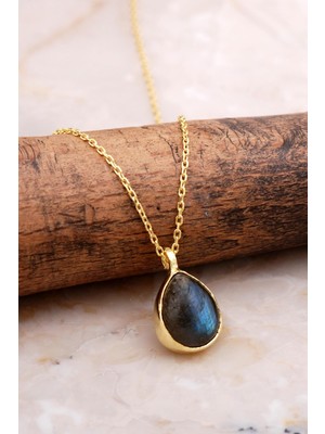 Doğal Labradorit Taşlı Damla Mini Altın Yaldızlı Gümüş Kolye