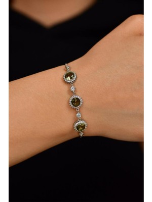 Taşlı Rodyum Gümüş Bileklik, 3 Sıra Yuvarlak Anturaj Tasarımı, Beyaz Renk