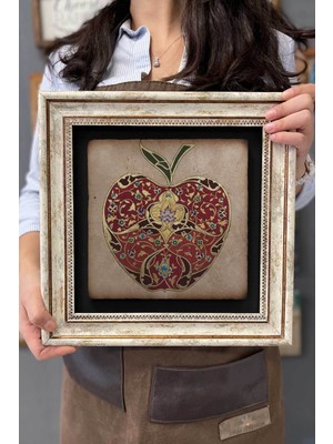 30X30 cm Taş Çerçeveli Duvar Tablosu, Eskitme Elma Çizimi