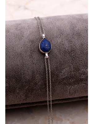 Doğal Lapis Lazuli Taşlı Mini Damla Rodyum Gümüş Bileklik 4123
